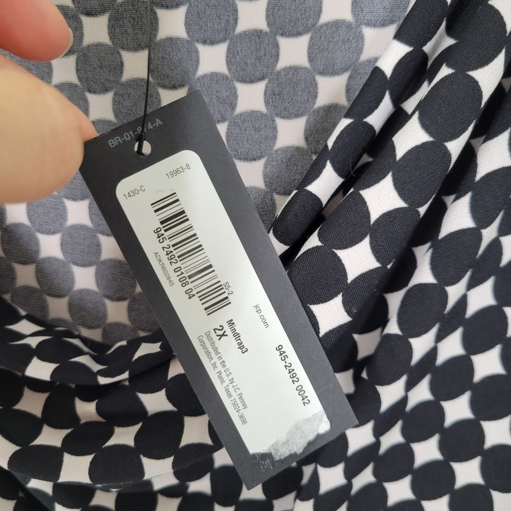 Worthington Blouse Womens 2X Black White Geometric Cowl Neck Ruched 3/4 Sleeve - Picture 7 of 8